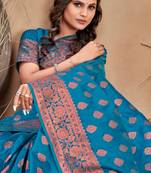 Turquoise soft silk blend banarasi jacuard work designer party wear saree with unstitched blouse piece