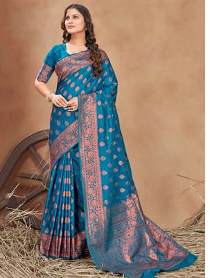 Turquoise silk blend banarasi saree with unstitched blouse piece 2