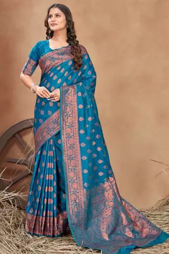 Turquoise silk blend banarasi saree with unstitched blouse piece