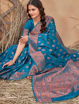 Turquoise silk blend banarasi saree with unstitched blouse piece 3