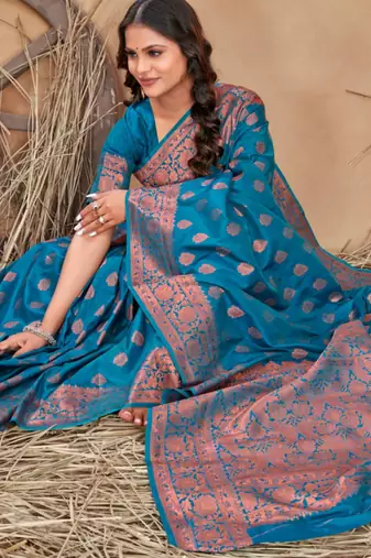 Turquoise silk blend banarasi saree with unstitched blouse piece