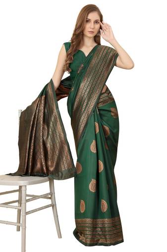 Green soft silk blend banarasi jacuard work designer party wear saree with unstitched blouse piece