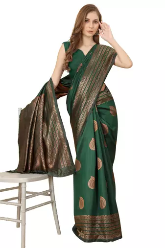 Green soft silk blend banarasi jacuard work designer party wear saree with unstitched blouse piece