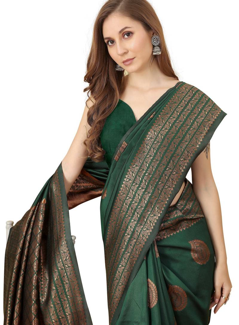 Green soft silk blend banarasi jacuard work designer party wear saree with unstitched blouse piece