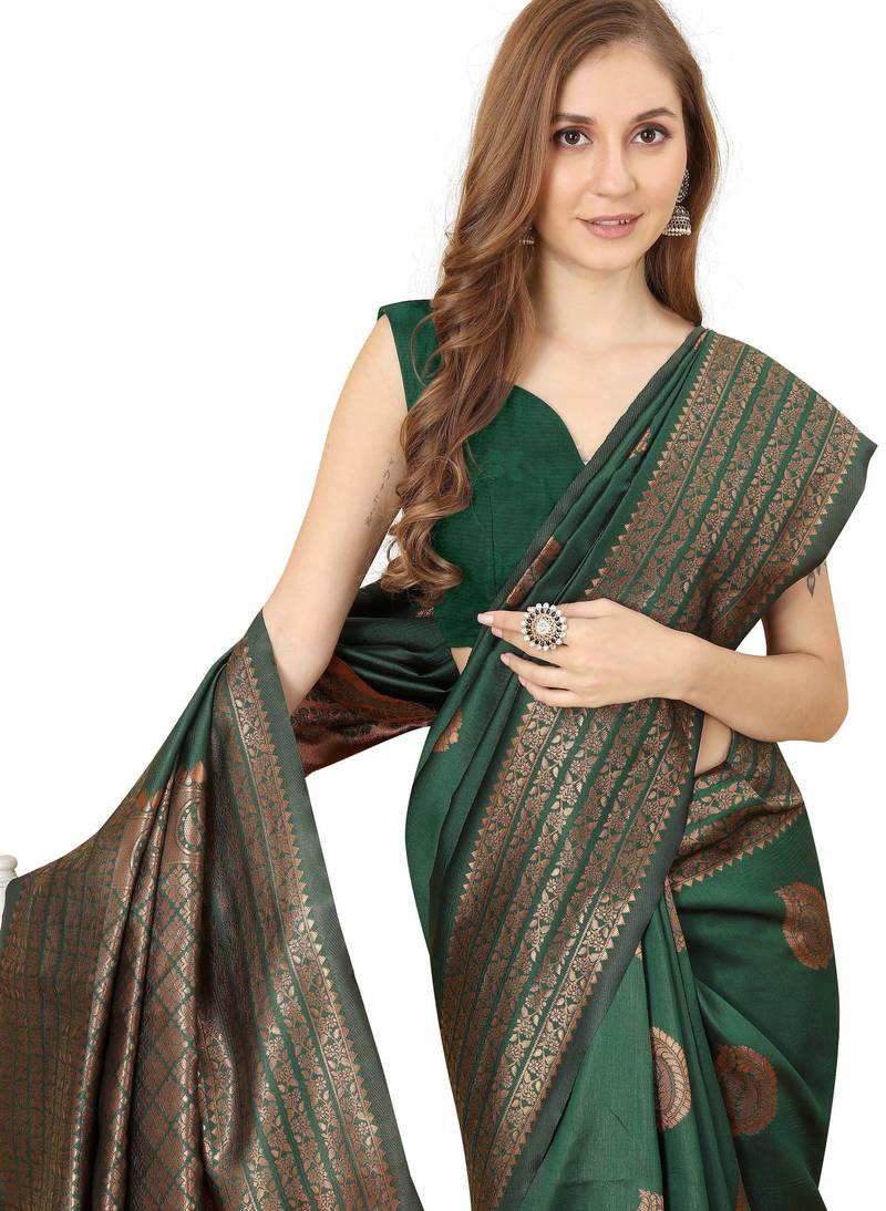Green soft silk blend banarasi jacuard work designer party wear saree with unstitched blouse piece