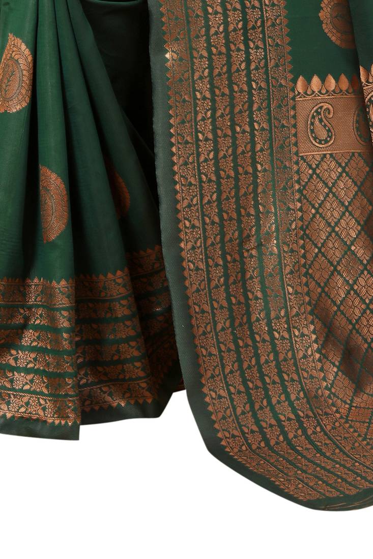 Green soft silk blend banarasi jacuard work designer party wear saree with unstitched blouse piece