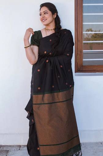 Black soft silk blend banarasi jacuard work designer party wear saree with unstitched blouse piece
