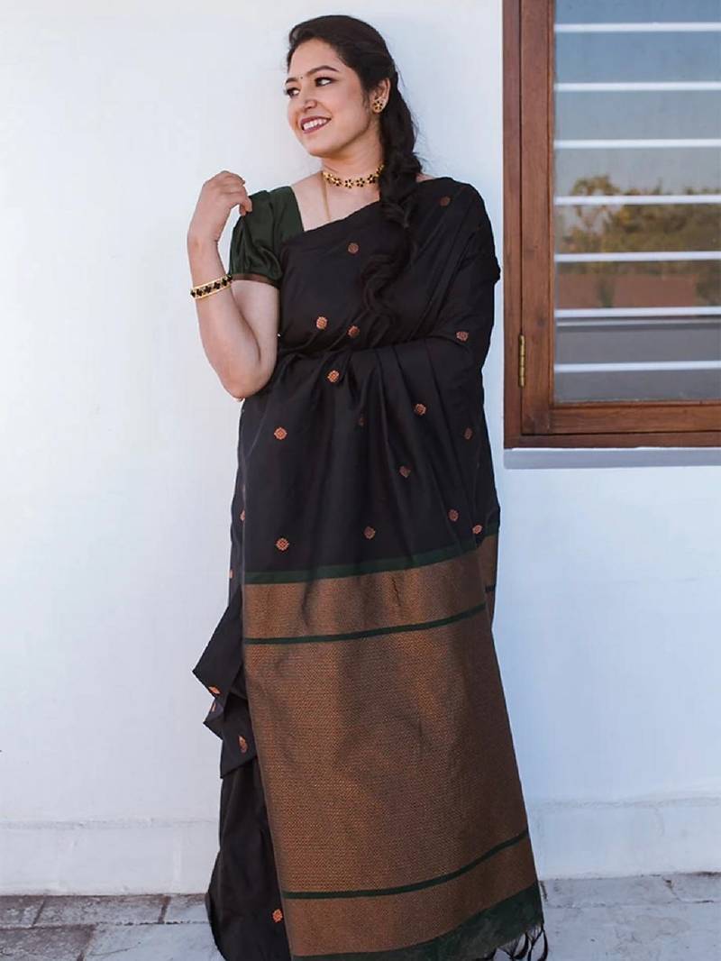 Black soft silk blend banarasi jacuard work designer party wear saree with unstitched blouse piece