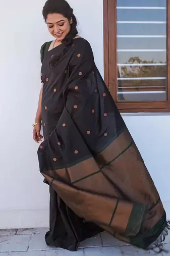 Black silk blend banarasi saree with unstitched blouse piece