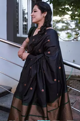 Black silk blend banarasi saree with unstitched blouse piece