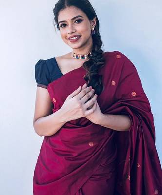 Blue wine silk blend banarasi saree with unstitched blouse piece 1