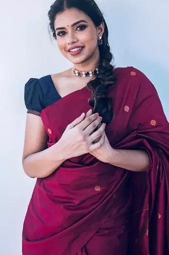 Blue wine soft silk blend banarasi jacuard work designer party wear saree with unstitched blouse piece