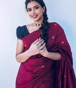 Blue wine soft silk blend banarasi jacuard work designer party wear saree with unstitched blouse piece