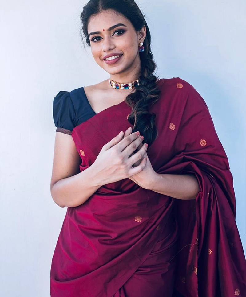 Blue wine soft silk blend banarasi jacuard work designer party wear saree with unstitched blouse piece