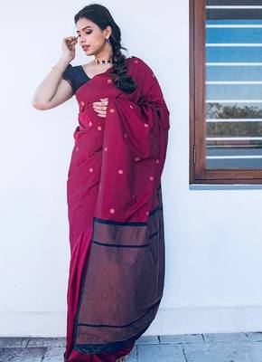 Blue wine silk blend banarasi saree with unstitched blouse piece 2