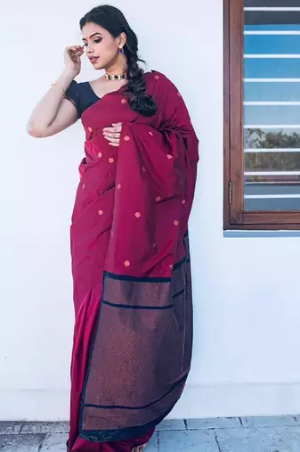 Blue wine silk blend banarasi saree with unstitched blouse piece