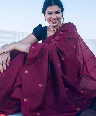 Blue wine silk blend banarasi saree with unstitched blouse piece 3