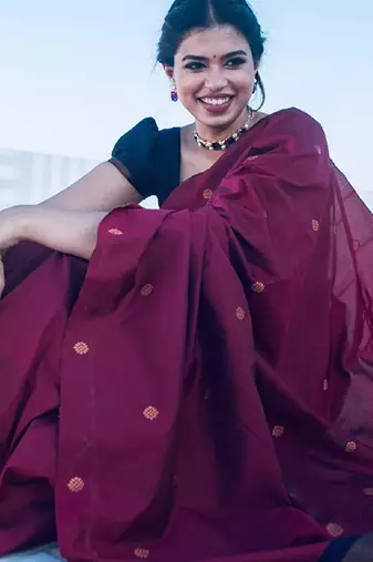Blue wine silk blend banarasi saree with unstitched blouse piece