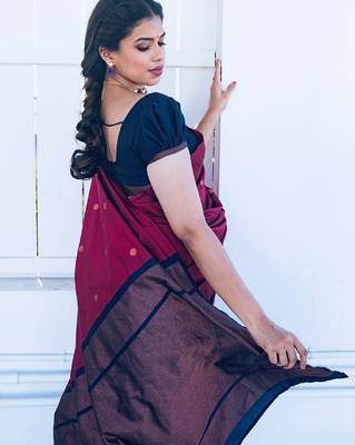 Blue wine silk blend banarasi saree with unstitched blouse piece 4