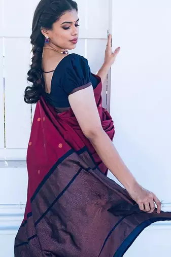 Blue wine silk blend banarasi saree with unstitched blouse piece