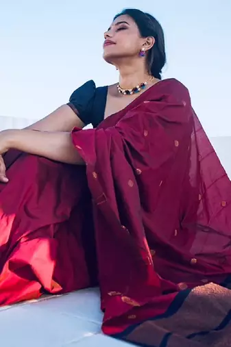 Blue wine silk blend banarasi saree with unstitched blouse piece