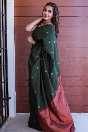 Green maroon soft silk blend banarasi jacuard work designer party wear saree with unstitched blouse piece