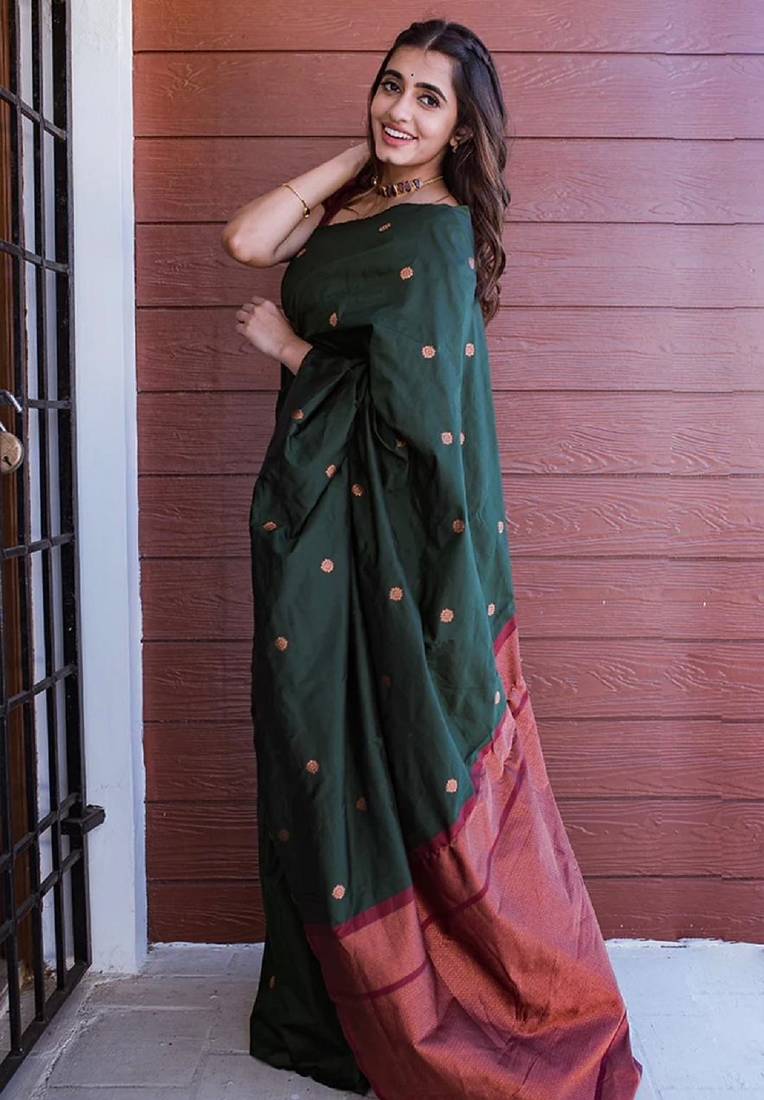 Green maroon soft silk blend banarasi jacuard work designer party wear saree with unstitched blouse piece