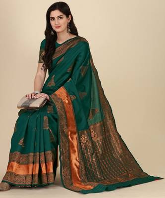 Green silk blend banarasi saree with unstitched blouse piece 1