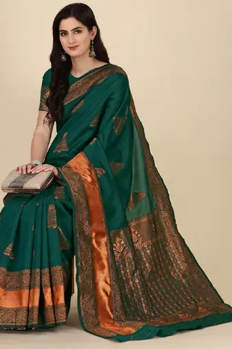 Green soft silk blend banarasi jacuard work designer party wear saree with unstitched blouse piece