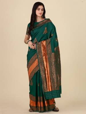 Green silk blend banarasi saree with unstitched blouse piece 2