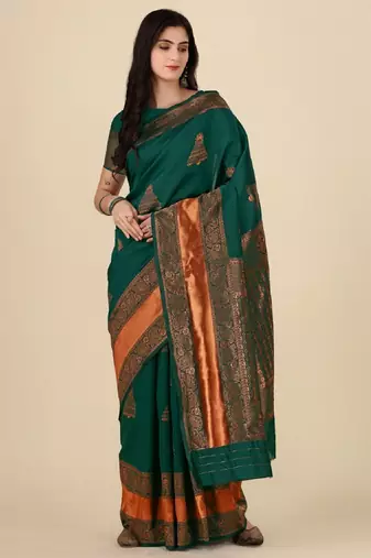 Green silk blend banarasi saree with unstitched blouse piece