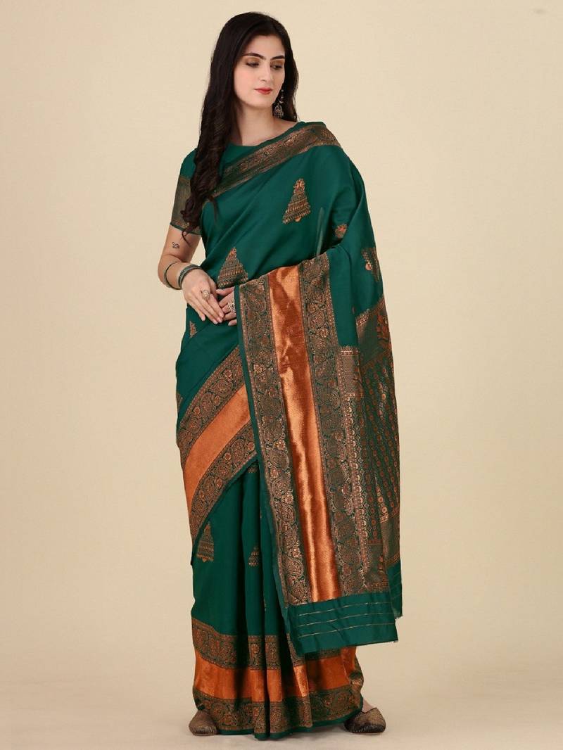 Green soft silk blend banarasi jacuard work designer party wear saree with unstitched blouse piece