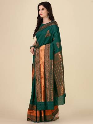 Green silk blend banarasi saree with unstitched blouse piece 3