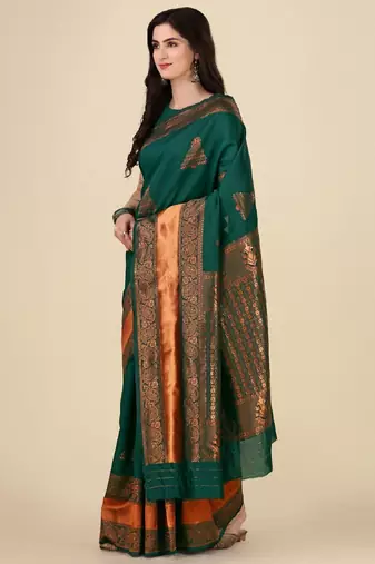 Green silk blend banarasi saree with unstitched blouse piece