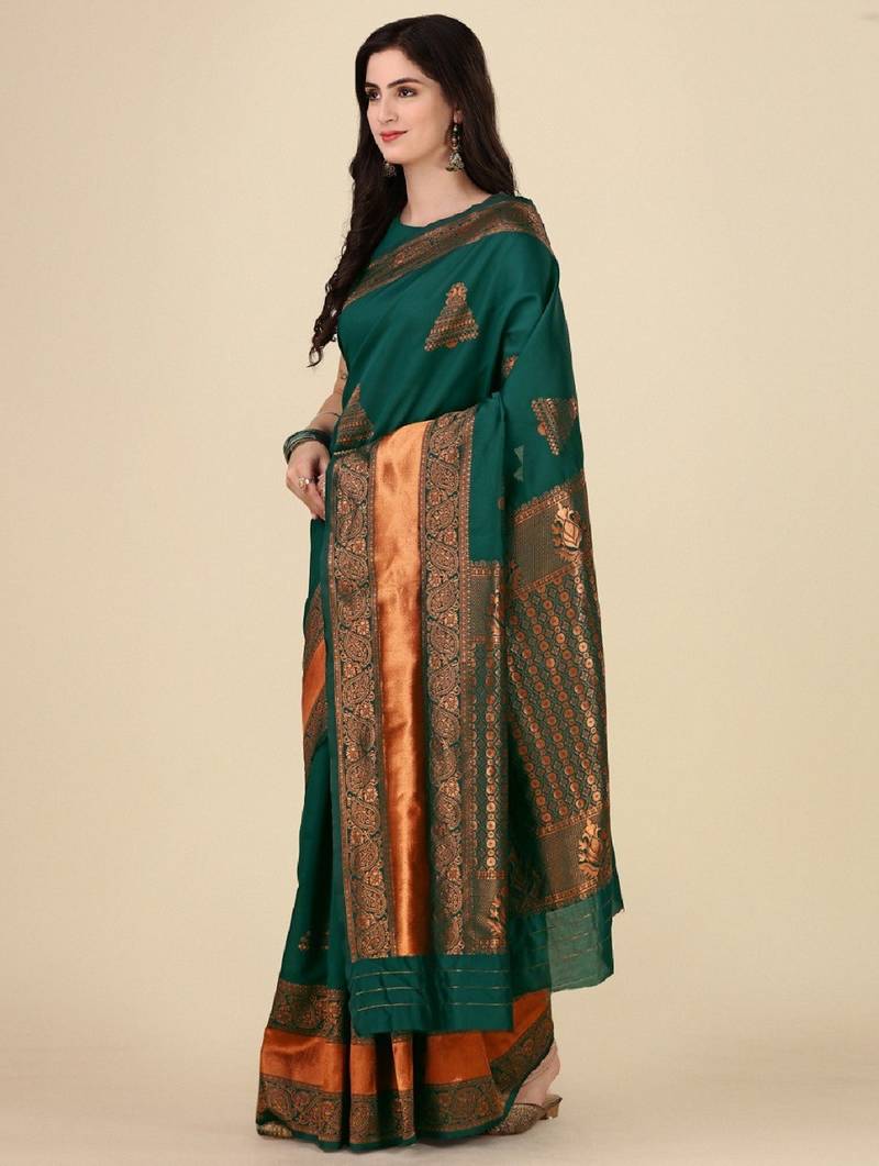 Green soft silk blend banarasi jacuard work designer party wear saree with unstitched blouse piece