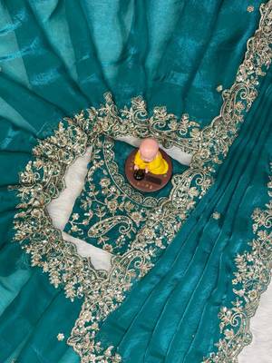 Teal color embroidery work fandy satin saree 2