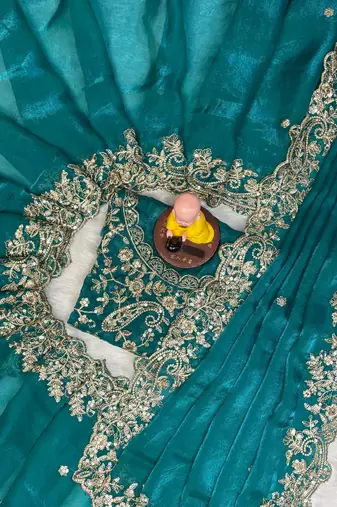 Teal color embroidery work fandy satin saree