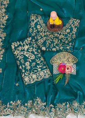 Teal color embroidery work fandy satin saree 3