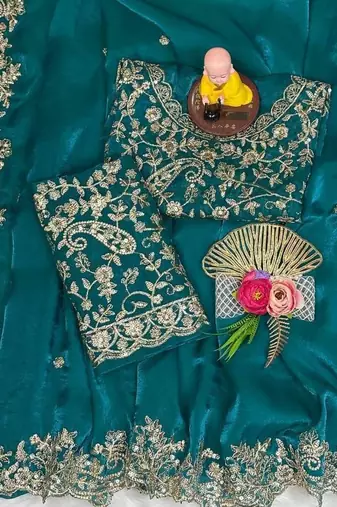 Teal color embroidery work fandy satin saree
