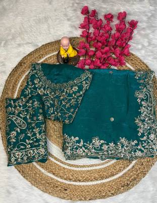 Teal color embroidery work fandy satin saree 4