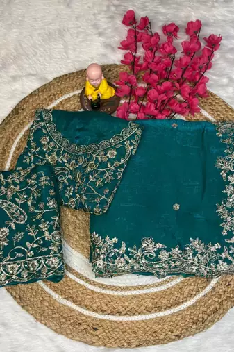 Teal color embroidery work fandy satin saree