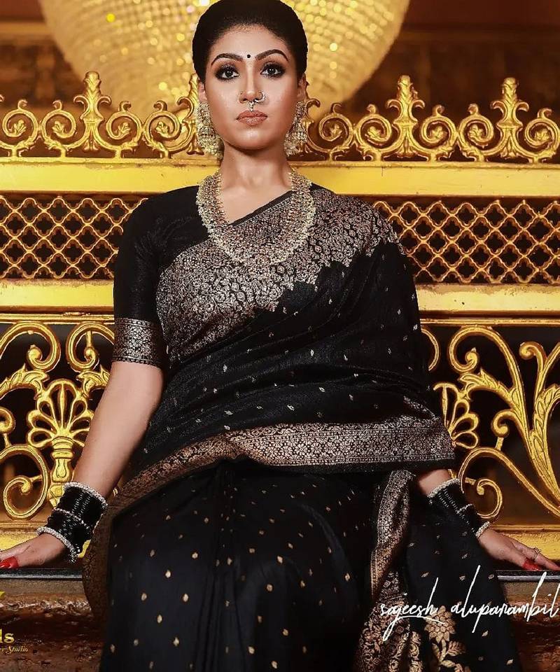 Black soft silk blend banarasi jacuard work designer party wear saree with unstitched blouse piece