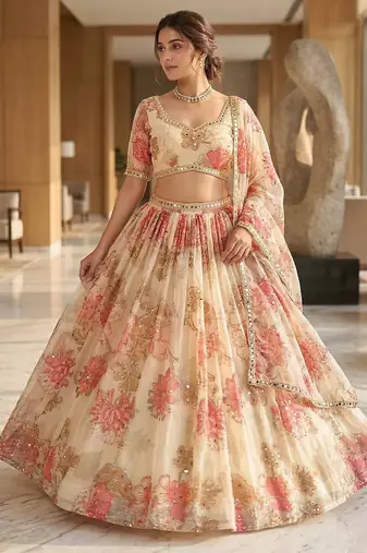 Light Yellow Floral Embroidered Taby Silk Lehenga