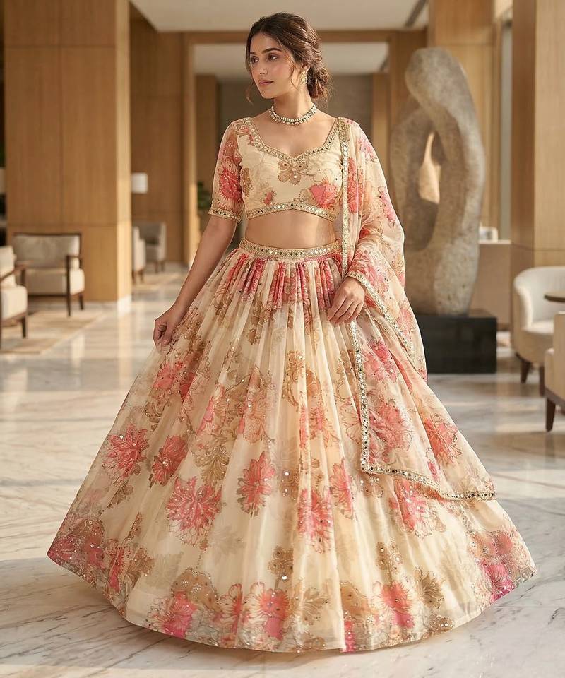 Light Yellow Floral Embroidered Taby Silk Lehenga