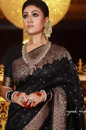 Black soft silk blend banarasi jacuard work designer party wear saree with unstitched blouse piece