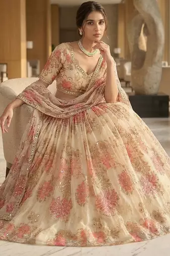 Light Yellow Floral Embroidered Taby Silk Lehenga