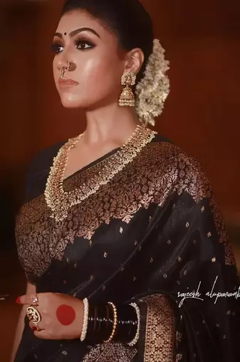 Black soft silk blend banarasi jacuard work designer party wear saree with unstitched blouse piece