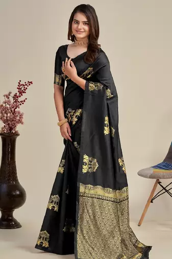 Black soft silk blend banarasi jacuard work designer party wear saree with unstitched blouse piece