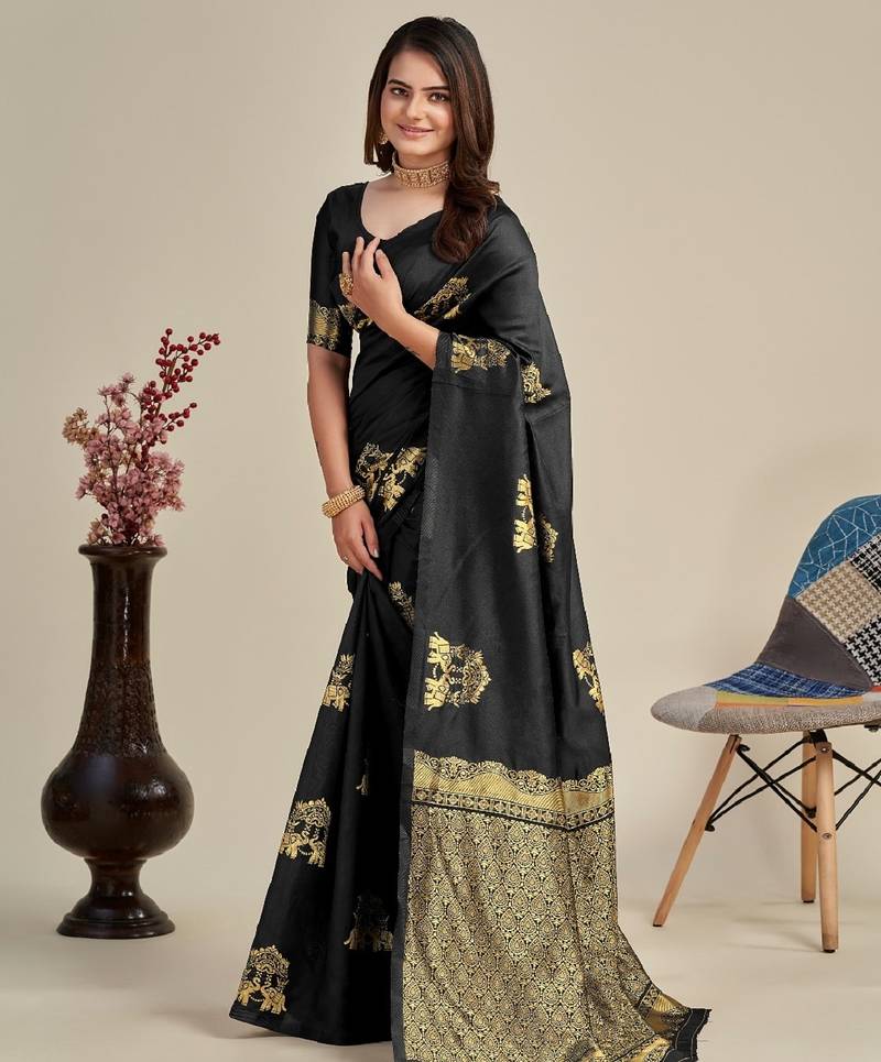 Black soft silk blend banarasi jacuard work designer party wear saree with unstitched blouse piece