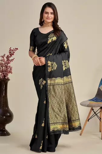 Black silk blend banarasi saree with unstitched blouse piece
